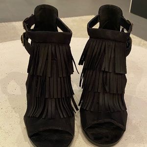Black Fringe open toe booties 3” heel